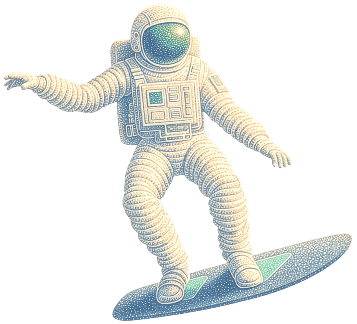 A figure riding a board through the sky